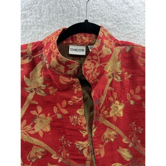Chicos Red Gold Floral Brocade Mandarin Collar Jacket Blazer Women Size 1 - Picture 6 of 8
